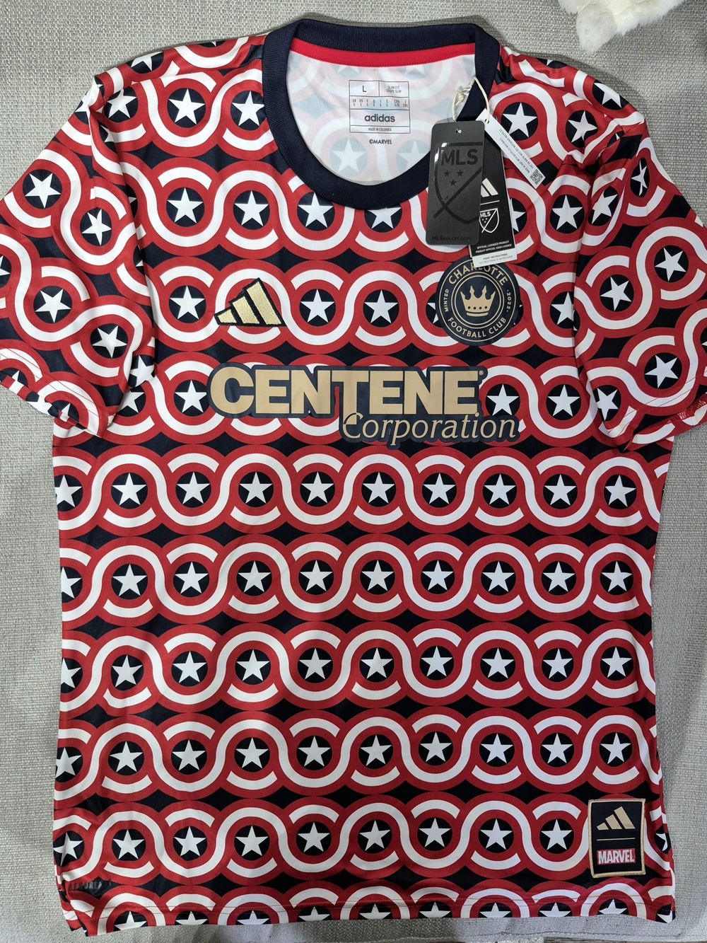 New Adidas x Marvel Charlotte FC Captain America Jersey - Men's L USA